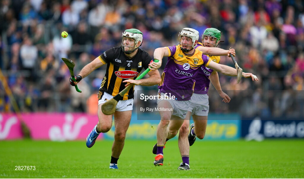 26 May 2024; Paddy Deegan of Kilkenny in action against Cathal Dunbar and Richie Lawlor of Wexford, right, during the Leinster GAA Hurling Senior Championship Round 5 match between Kilkenny and Wexford at UPMC Nowlan Park in Kilkenny. Photo by Ray McManus/Sportsfile