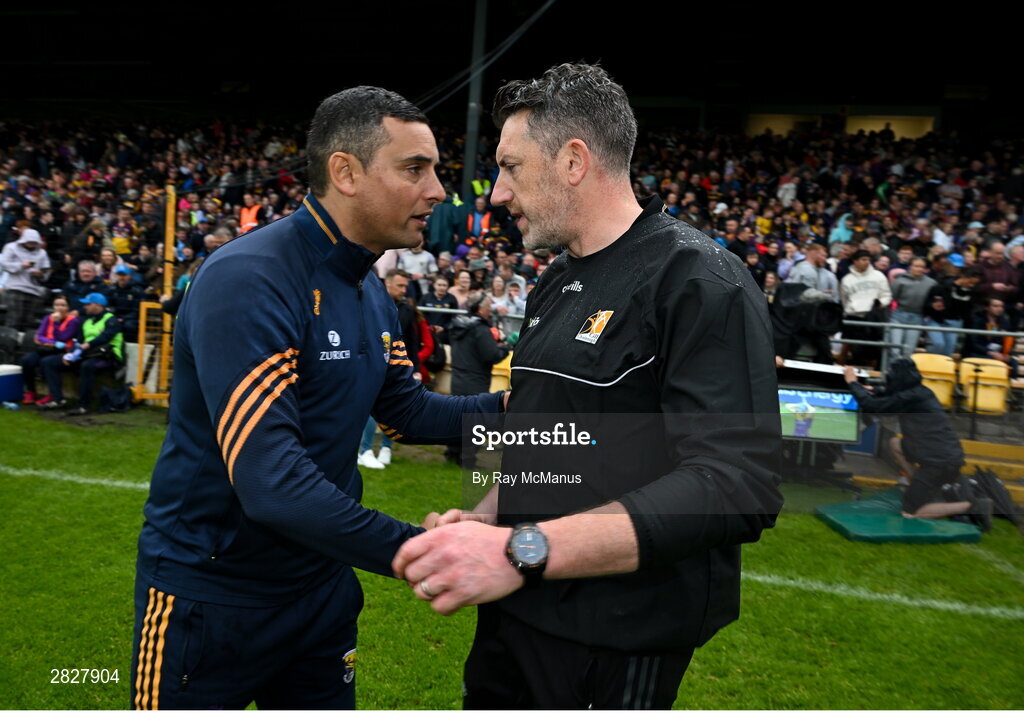26 May 2024; The two managers, Wexford manager Keith Rossiter, left, and Kilkenny manager Derek Lyng, shake hands after the Leinster GAA Hurling Senior Championship Round 5 match between Kilkenny and Wexford at UPMC Nowlan Park in Kilkenny. Photo by Ray McManus/Sportsfile