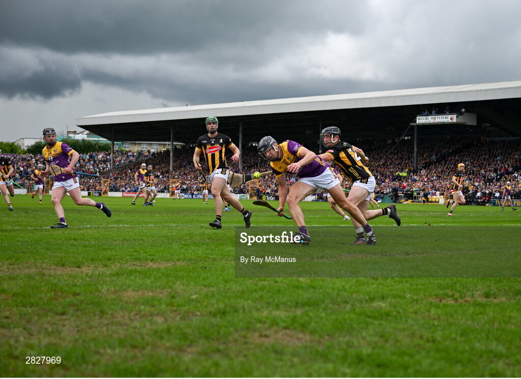 26 May 2024; Liam Og McGovern of Wexford is tackled by Mikey Butler of Kilkenny during the Leinster GAA Hurling Senior Championship Round 5 match between Kilkenny and Wexford at UPMC Nowlan Park in Kilkenny. Photo by Ray McManus/Sportsfile