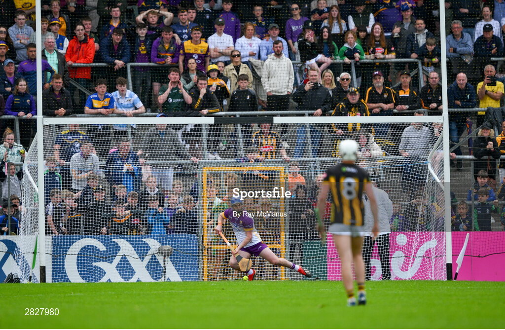 26 May 2024; Wexford goalkeeper Mark Fanning is beaten by this penalty shot, in the 52nd minute, during the Leinster GAA Hurling Senior Championship Round 5 match between Kilkenny and Wexford at UPMC Nowlan Park in Kilkenny. Photo by Ray McManus/Sportsfile
