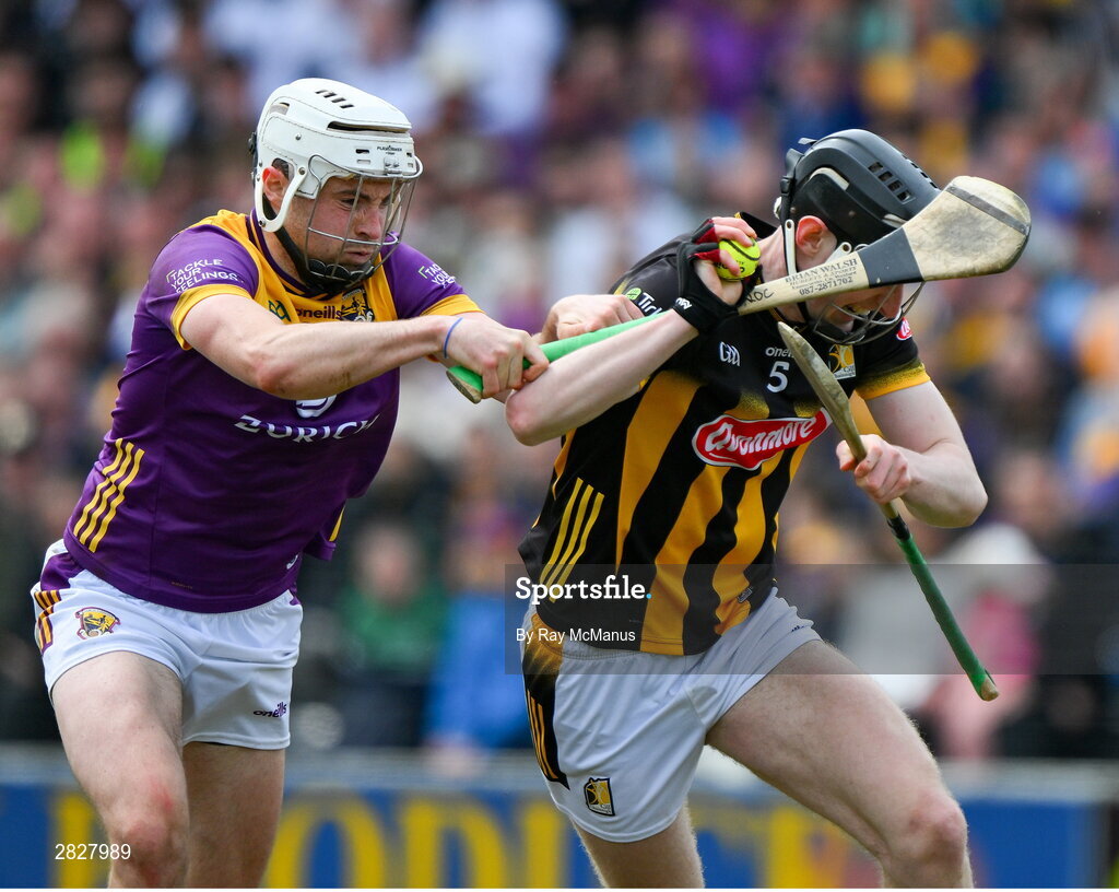 26 May 2024; David Blanchfield of Kilkenny is tackled by Rory O'Connor of Wexford during the Leinster GAA Hurling Senior Championship Round 5 match between Kilkenny and Wexford at UPMC Nowlan Park in Kilkenny. Photo by Ray McManus/Sportsfile