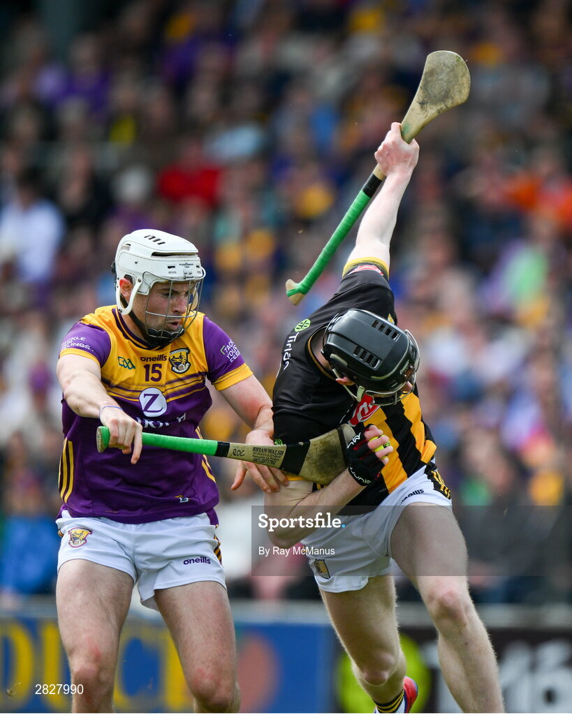 26 May 2024; David Blanchfield of Kilkenny is tackled by Rory O'Connor of Wexford during the Leinster GAA Hurling Senior Championship Round 5 match between Kilkenny and Wexford at UPMC Nowlan Park in Kilkenny. Photo by Ray McManus/Sportsfile