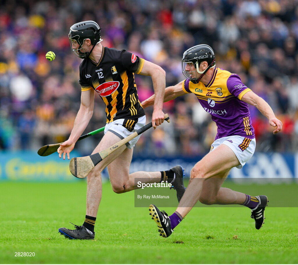 26 May 2024; Tom Phelan of Kilkenny is tackled by Liam Og McGovern  of Wexford during the Leinster GAA Hurling Senior Championship Round 5 match between Kilkenny and Wexford at UPMC Nowlan Park in Kilkenny. Photo by Ray McManus/Sportsfile