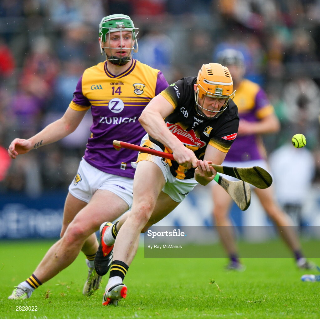 26 May 2024; Richie Reid of Kilkenny is tackled by Conor McDonald of Wexford during the Leinster GAA Hurling Senior Championship Round 5 match between Kilkenny and Wexford at UPMC Nowlan Park in Kilkenny. Photo by Ray McManus/Sportsfile