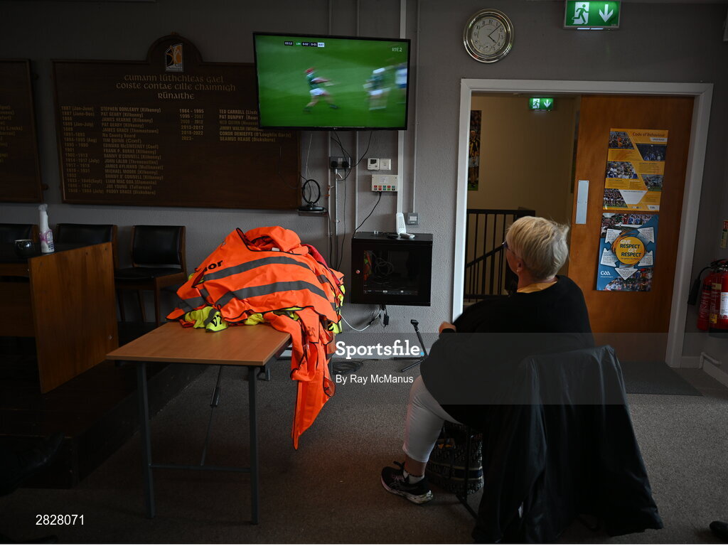 26 May 2024; Carmel Kenny, wife of Kilkenny GAA County Board Chairman PJ Kenny, from Clara GAA Club, in Kilkenny, watches the Limerick v Waterford on tv after the Leinster GAA Hurling Senior Championship Round 5 match between Kilkenny and Wexford at UPMC Nowlan Park in Kilkenny. Photo by Ray McManus/Sportsfile