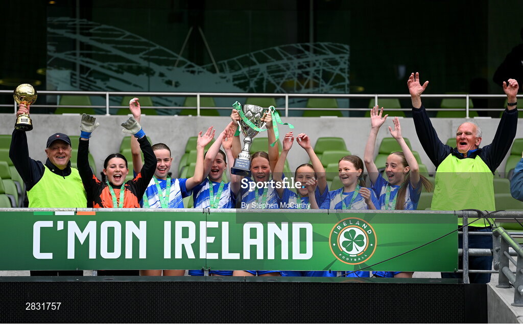 29 May 2024; Our Lady’s Grove PS, Dublin, celebrate winning the girls C cup, for large sized schools, during the FAI Primary 5s Finals day at Aviva Stadium in Dublin. Photo by Stephen McCarthy/Sportsfile