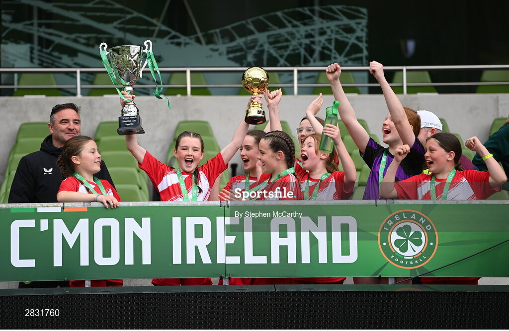 29 May 2024; Gurrane NS, Cork, celebrate after winning the girls A cup, for small sized schools, during the FAI Primary 5s Finals day at Aviva Stadium in Dublin. Photo by Stephen McCarthy/Sportsfile