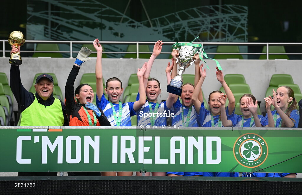 29 May 2024; Our Lady’s Grove PS, Dublin, celebrate winning the girls C cup, for large sized schools, during the FAI Primary 5s Finals day at Aviva Stadium in Dublin. Photo by Stephen McCarthy/Sportsfile