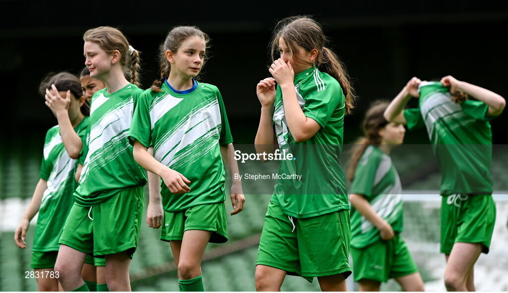 29 May 2024; Scoil Phádraig, Westport, Mayo, after losing a play-off match on penalties in the finals of the girls B cup, for medium schools, during the FAI Primary 5s Finals day at Aviva Stadium in Dublin. Photo by Stephen McCarthy/Sportsfile