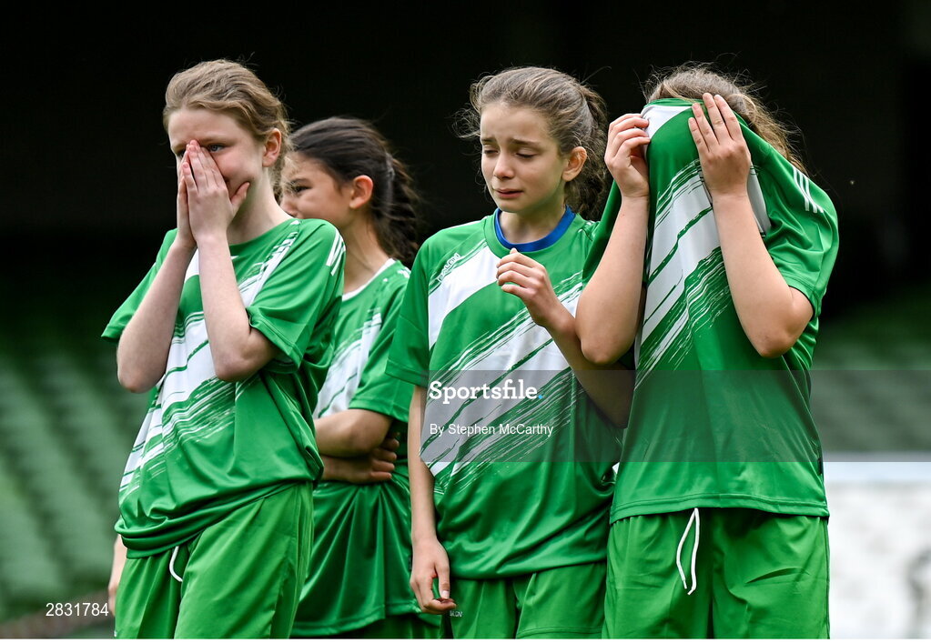 29 May 2024; Scoil Phádraig, Westport, Mayo, after losing a play-off match on penalties in the finals of the girls B cup, for medium schools, during the FAI Primary 5s Finals day at Aviva Stadium in Dublin. Photo by Stephen McCarthy/Sportsfile