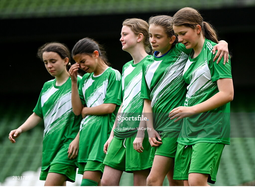 29 May 2024; Scoil Phádraig, Westport, Mayo, after losing a play-off match on penalties in the finals of the girls B cup, for medium schools, during the FAI Primary 5s Finals day at Aviva Stadium in Dublin. Photo by Stephen McCarthy/Sportsfile