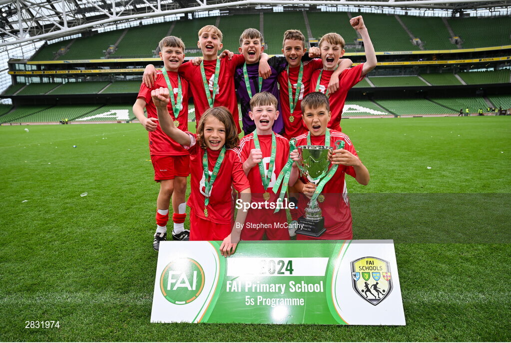 29 May 2024; Beaumont BNS, Blackrock, Cork, players celebrate winning the section C cup, for mixed large sized schools, during the FAI Primary 5s Finals day at Aviva Stadium in Dublin. Photo by Stephen McCarthy/Sportsfile