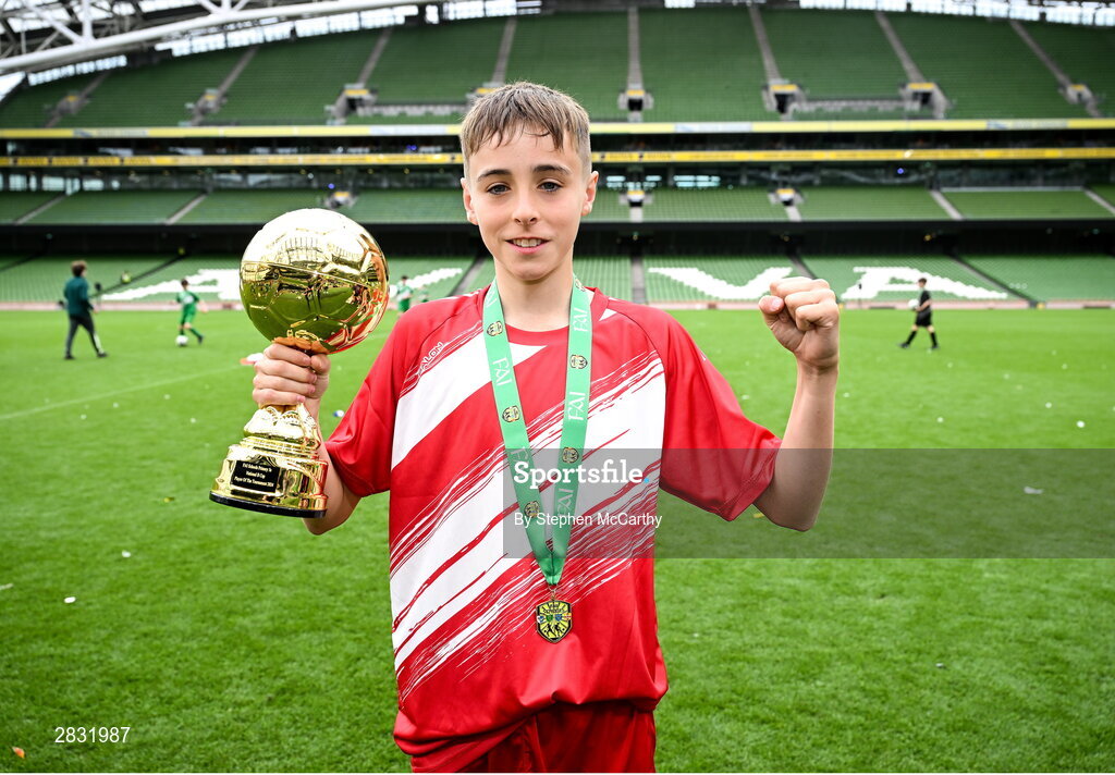 29 May 2024; Tom Ó Caoimh of Gaelscoil Choinn tSáile, Cork, with the section B, for mixed medium sized schools, player of the tournament award during the FAI Primary 5s Finals day at Aviva Stadium in Dublin. Photo by Stephen McCarthy/Sportsfile