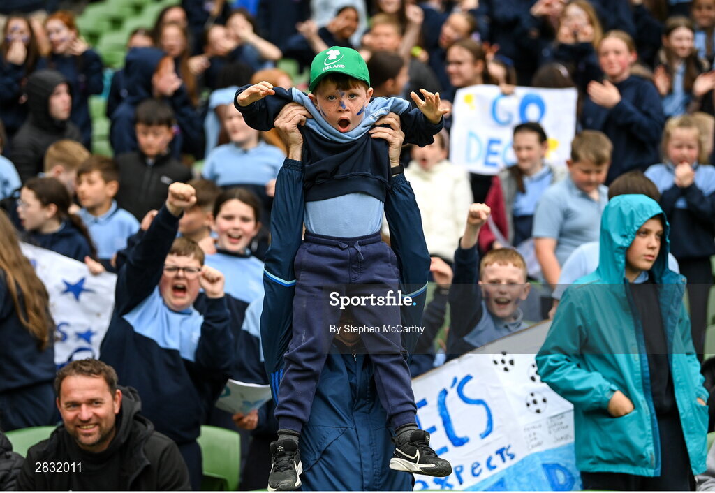 29 May 2024; St Declan’s NS, Ashbourne, Meath, supporters during the FAI Primary 5s Finals day at Aviva Stadium in Dublin. Photo by Stephen McCarthy/Sportsfile
