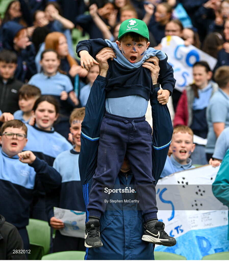 29 May 2024; St Declan’s NS, Ashbourne, Meath, supporters during the FAI Primary 5s Finals day at Aviva Stadium in Dublin. Photo by Stephen McCarthy/Sportsfile
