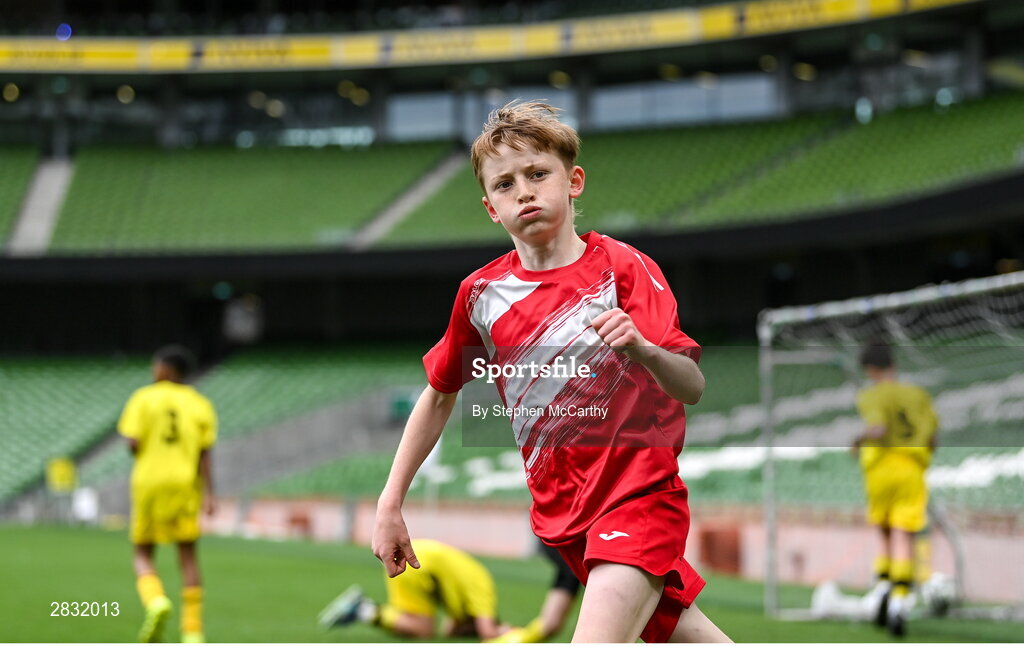 29 May 2024; Kieran Stack of Beaumont BNS, Blackrock, Cork, celebrates after scoring a goal during the FAI Primary 5s Finals day at Aviva Stadium in Dublin. Photo by Stephen McCarthy/Sportsfile