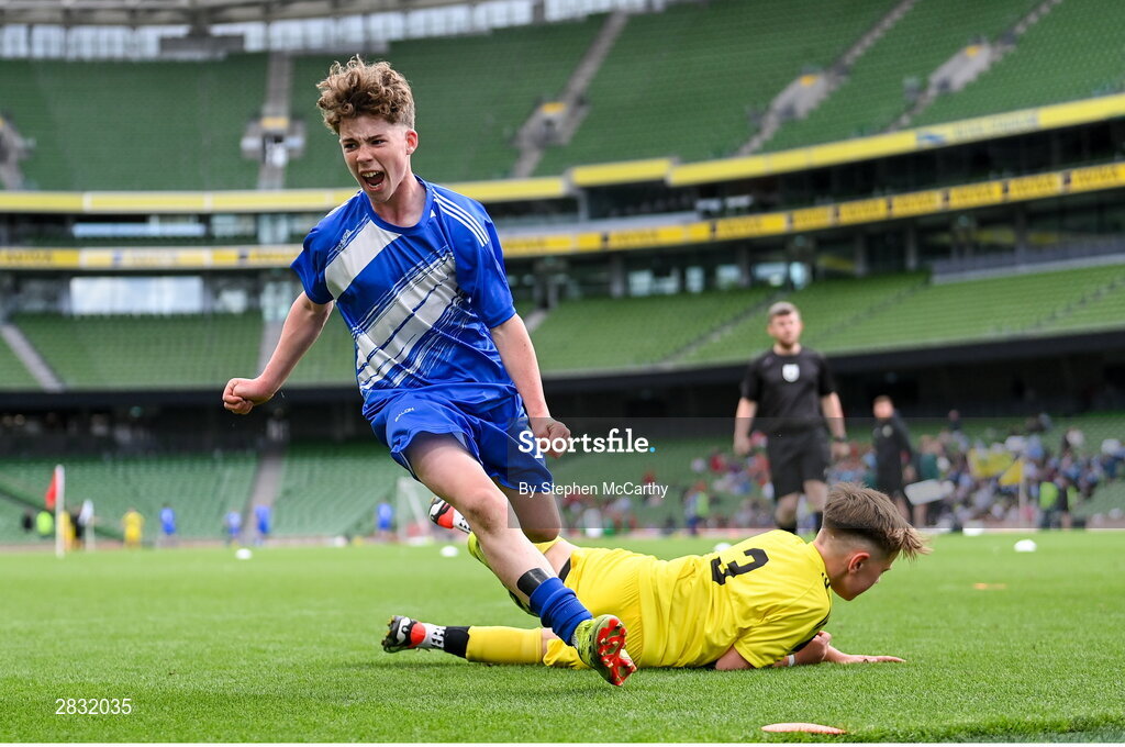 29 May 2024; Mossie Gillic of Kentstown NS, Meath, celebrates after scoring a goal during his team's B Cup game, for mixed medium sized schools, against St Eunan’s NS, Raphoe, Donegal, during the FAI Primary 5s Finals day at Aviva Stadium in Dublin. Photo by Stephen McCarthy/Sportsfile