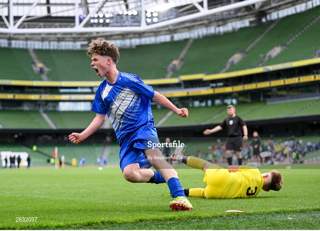29 May 2024; Mossie Gillic of Kentstown NS, Meath, celebrates after scoring a goal during his team's B Cup game, for mixed medium sized schools, against St Eunan’s NS, Raphoe, Donegal, during the FAI Primary 5s Finals day at Aviva Stadium in Dublin. Photo by Stephen McCarthy/Sportsfile