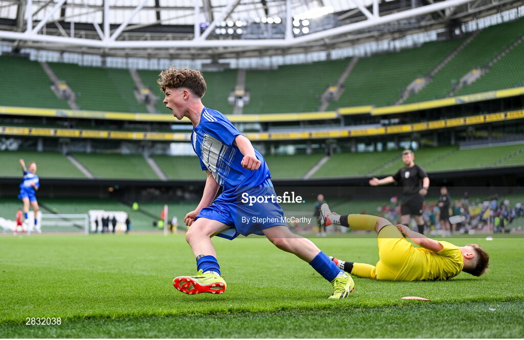 29 May 2024; Mossie Gillic of Kentstown NS, Meath, celebrates after scoring a goal during his team's B Cup game, for mixed medium sized schools, against St Eunan’s NS, Raphoe, Donegal, during the FAI Primary 5s Finals day at Aviva Stadium in Dublin. Photo by Stephen McCarthy/Sportsfile