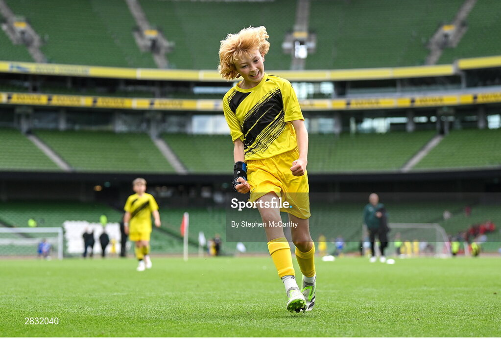 29 May 2024; Lewis Quinn of St Eunan’s NS, Raphoe, Donegal, celebrates after scoring a goal in the B Cup, for mixed medium sized schools, during the FAI Primary 5s Finals day at Aviva Stadium in Dublin. Photo by Stephen McCarthy/Sportsfile