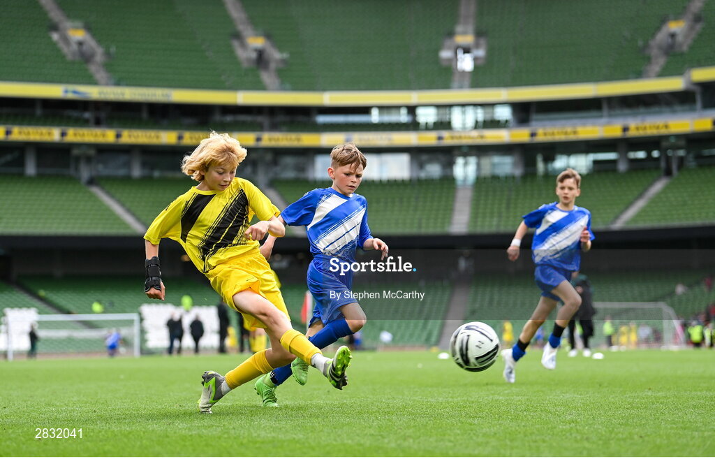 29 May 2024; Lewis Quinn of St Eunan’s NS, Raphoe, Donegal, scores a goal in the B Cup, for mixed medium sized schools, during the FAI Primary 5s Finals day at Aviva Stadium in Dublin. Photo by Stephen McCarthy/Sportsfile