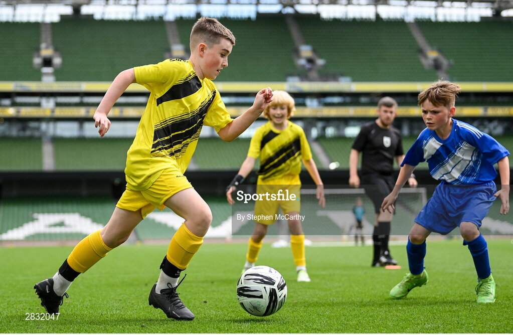 29 May 2024; Jayden Laird of St Eunan’s NS, Raphoe, Donegal, during the FAI Primary 5s Finals day at Aviva Stadium in Dublin. Photo by Stephen McCarthy/Sportsfile