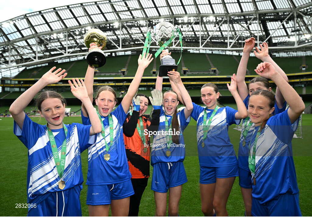 29 May 2024; Our Lady’s Grove PS, Dublin players celebrate after winning the girls C cup, for large sized schools, during the FAI Primary 5s Finals day at Aviva Stadium in Dublin. Photo by Stephen McCarthy/Sportsfile