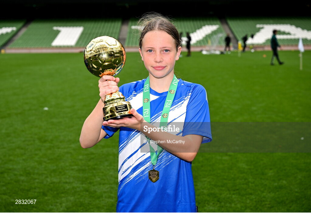 29 May 2024; Hattie Farrell of Our Lady’s Grove PS, Dublin, with the Player of the Tournament award for the girls section C cup, for large sized schools, during the FAI Primary 5s Finals day at Aviva Stadium in Dublin. Photo by Stephen McCarthy/Sportsfile