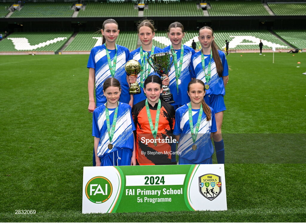 29 May 2024; Our Lady’s Grove PS, Dublin, after winning the girls section C cup, for large sized schools, during the FAI Primary 5s Finals day at Aviva Stadium in Dublin. Photo by Stephen McCarthy/Sportsfile