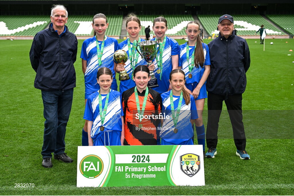 29 May 2024; Our Lady’s Grove PS, Dublin, after winning the girls section C cup, for large sized schools, during the FAI Primary 5s Finals day at Aviva Stadium in Dublin. Photo by Stephen McCarthy/Sportsfile