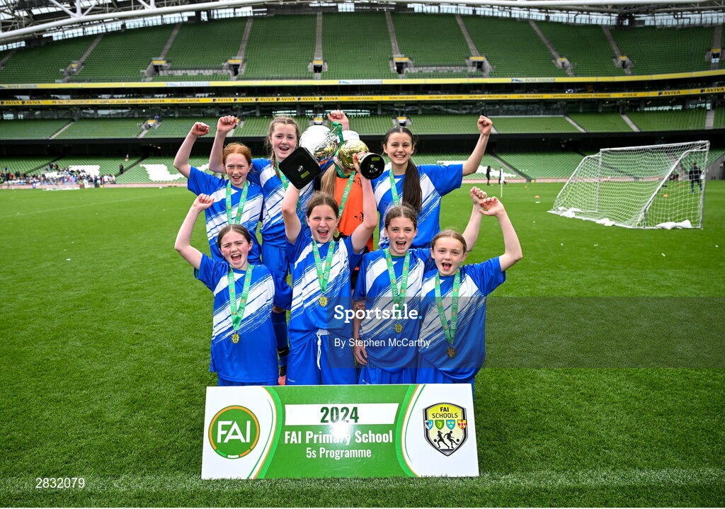 29 May 2024; Marshalstown NS, Wexford, celebrate after winning the girls section B cup, for medium schools, during the FAI Primary 5s Finals day at Aviva Stadium in Dublin. Photo by Stephen McCarthy/Sportsfile