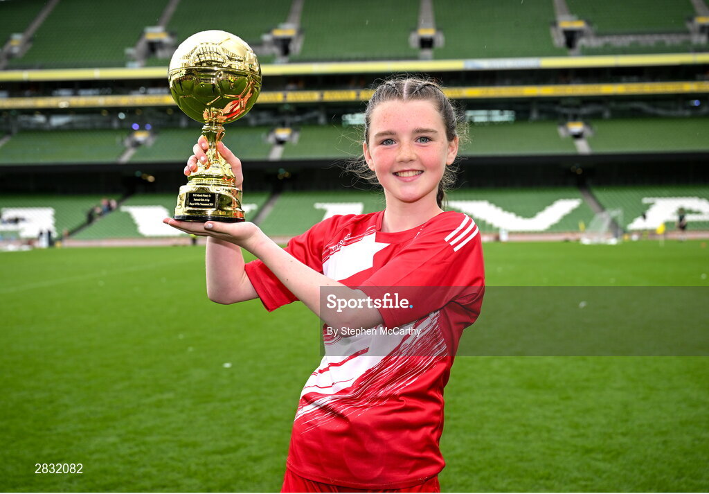 29 May 2024; Roise Walsh of Gurrane NS, Cork, with the Player of the Tournament award for girls section A cup, for small sized schools, during the FAI Primary 5s Finals day at Aviva Stadium in Dublin. Photo by Stephen McCarthy/Sportsfile