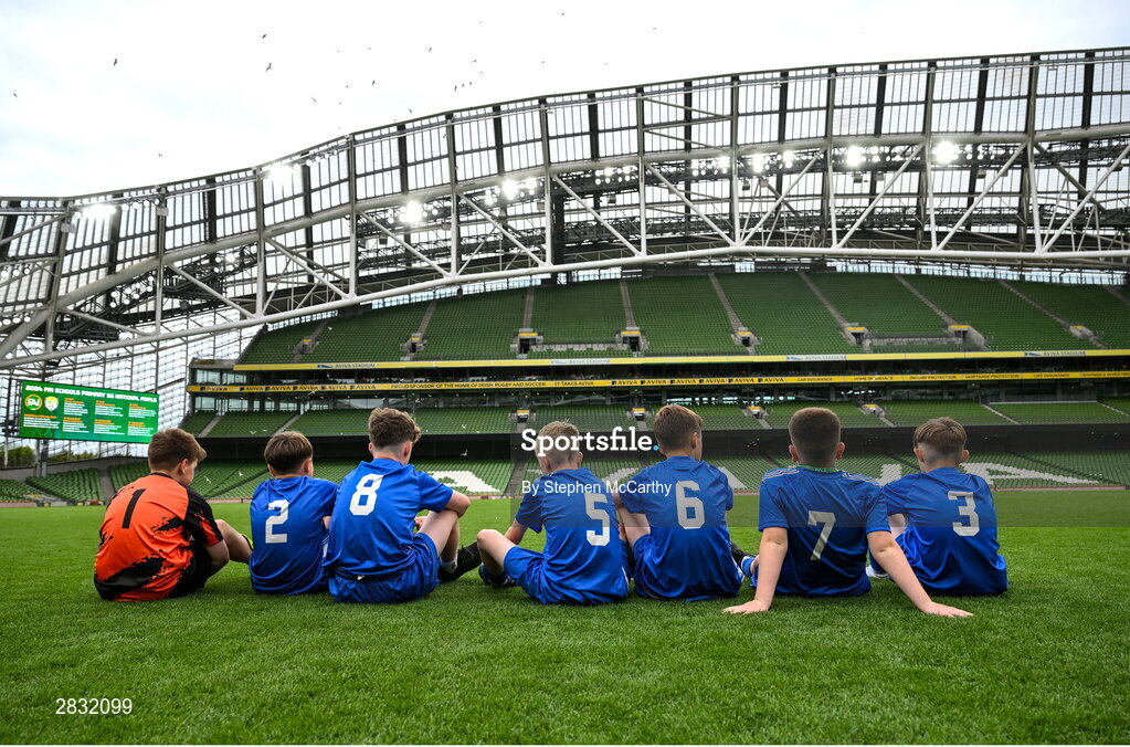 29 May 2024; Kentstown NS, Meath, players take a moment after the FAI Primary 5s Finals day at Aviva Stadium in Dublin. Photo by Stephen McCarthy/Sportsfile