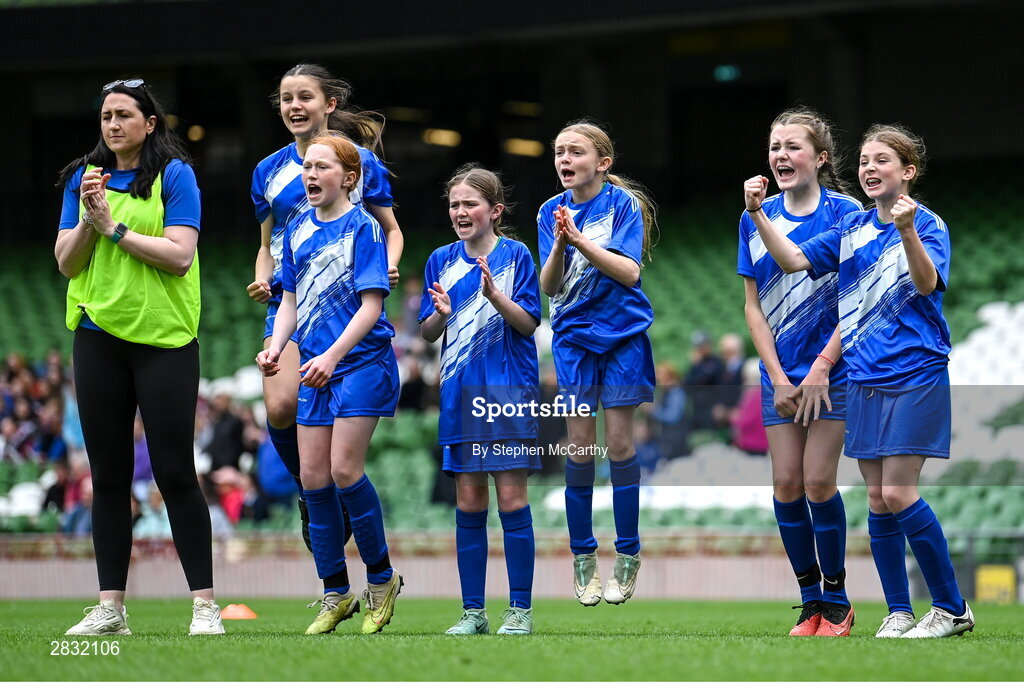 29 May 2024; Marshalstown NS, Wexford, players during a penalty shoot-out of their play-off match in the finals of the girls B cup, for medium schools, during the FAI Primary 5s Finals day at Aviva Stadium in Dublin. Photo by Stephen McCarthy/Sportsfile