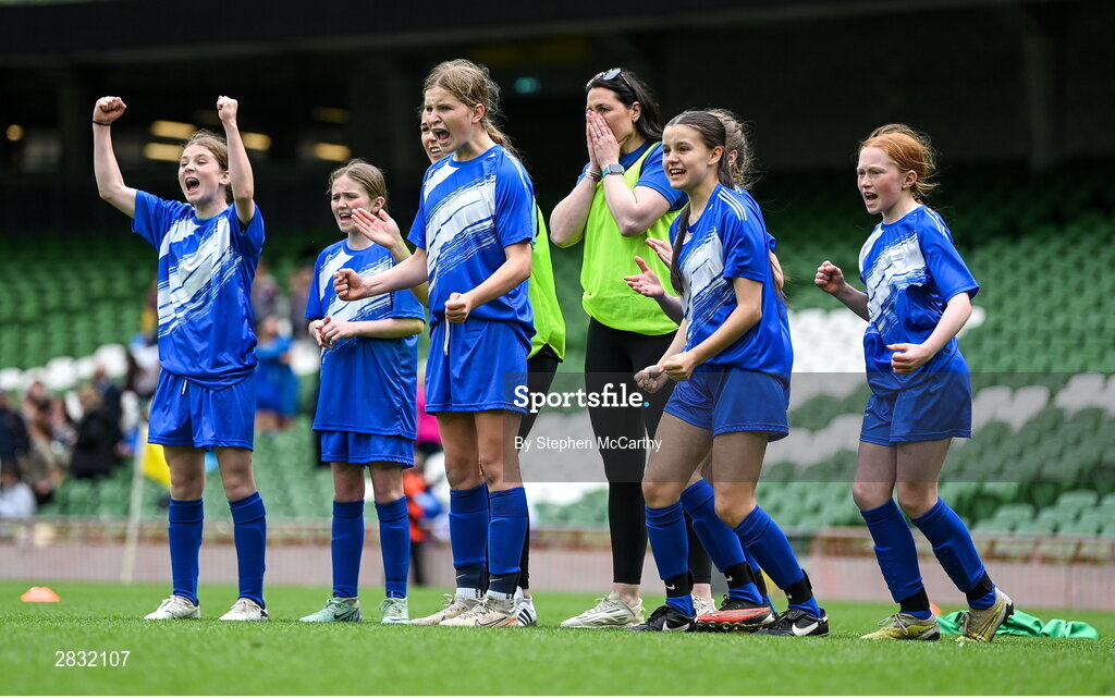 29 May 2024; Marshalstown NS, Wexford, players during a penalty shoot-out of their play-off match in the finals of the girls B cup, for medium schools, during the FAI Primary 5s Finals day at Aviva Stadium in Dublin. Photo by Stephen McCarthy/Sportsfile