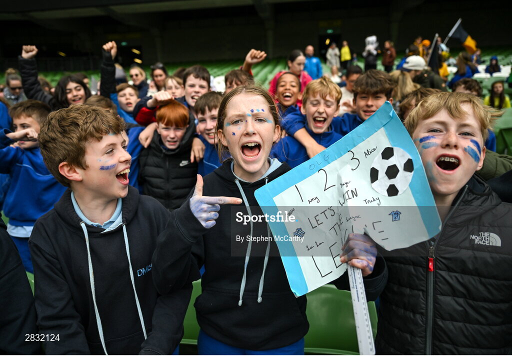 29 May 2024; Our Lady’s Grove PS, Dublin, supporters during the FAI Primary 5s Finals day at Aviva Stadium in Dublin. Photo by Stephen McCarthy/Sportsfile
