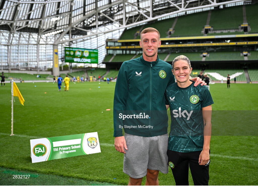 29 May 2024; Republic of Ireland players Killian Phillips and Jamie Finn during the FAI Primary 5s Finals day at Aviva Stadium in Dublin. Photo by Stephen McCarthy/Sportsfile