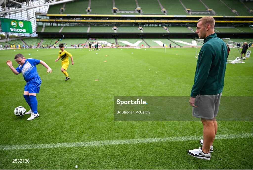 29 May 2024; Republic of Ireland U21 player Killian Phillips watches the action during the FAI Primary 5s Finals day at Aviva Stadium in Dublin. Photo by Stephen McCarthy/Sportsfile