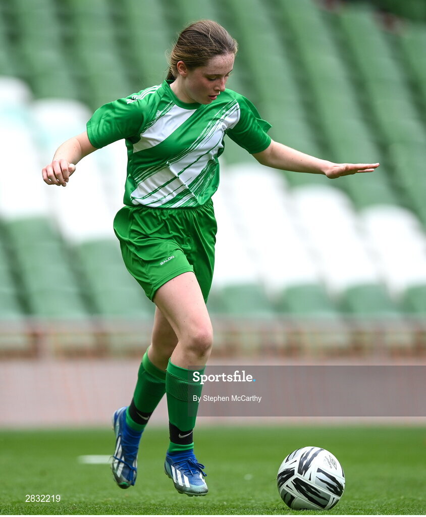 29 May 2024; Siun Cullinane of Scoil Mhuire, Moycullen, Galway, during the FAI Primary 5s Finals day at Aviva Stadium in Dublin. Photo by Stephen McCarthy/Sportsfile