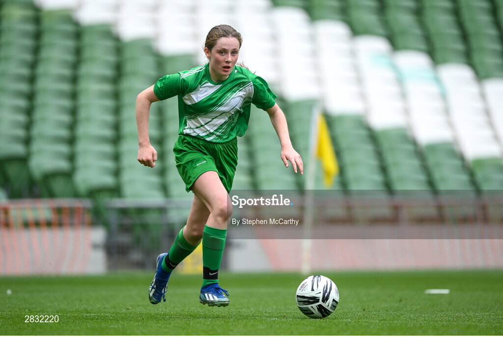 29 May 2024; Siun Cullinane of Scoil Mhuire, Moycullen, Galway, during the FAI Primary 5s Finals day at Aviva Stadium in Dublin. Photo by Stephen McCarthy/Sportsfile
