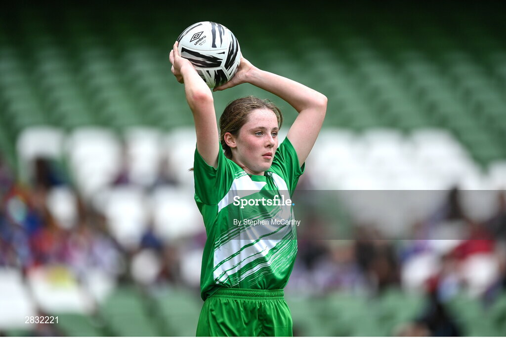 29 May 2024; Siun Cullinane of Scoil Mhuire, Moycullen, Galway, during the FAI Primary 5s Finals day at Aviva Stadium in Dublin. Photo by Stephen McCarthy/Sportsfile