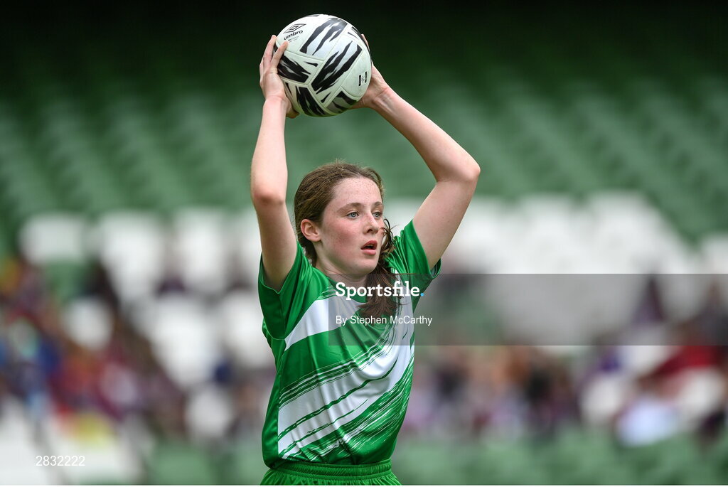 29 May 2024; Siun Cullinane of Scoil Mhuire, Moycullen, Galway, during the FAI Primary 5s Finals day at Aviva Stadium in Dublin. Photo by Stephen McCarthy/Sportsfile
