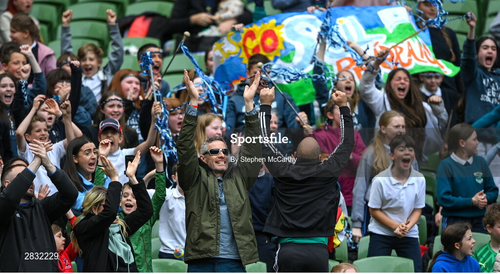 29 May 2024; Scoil Phádraig, Westport, Mayo, supporters during the FAI Primary 5s Finals day at Aviva Stadium in Dublin. Photo by Stephen McCarthy/Sportsfile
