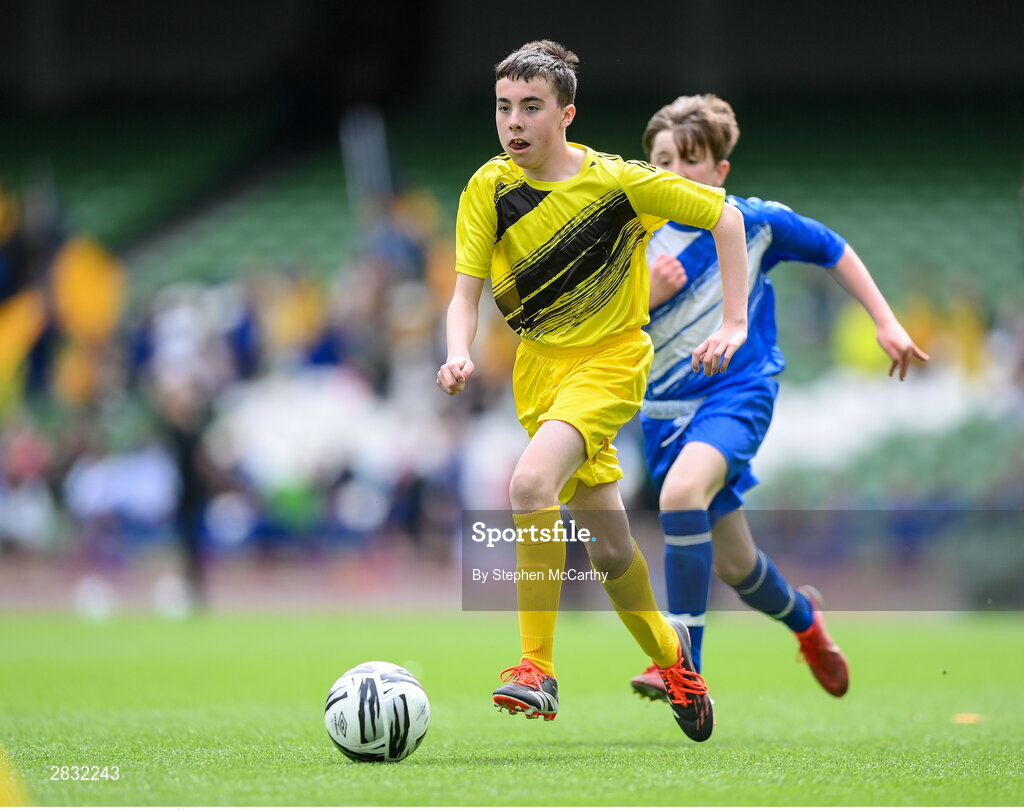 29 May 2024; Cillian Doherty of Scoil Íosagáin, Buncrana, Inishowen, Donegal, during the FAI Primary 5s Finals day at Aviva Stadium in Dublin. Photo by Stephen McCarthy/Sportsfile