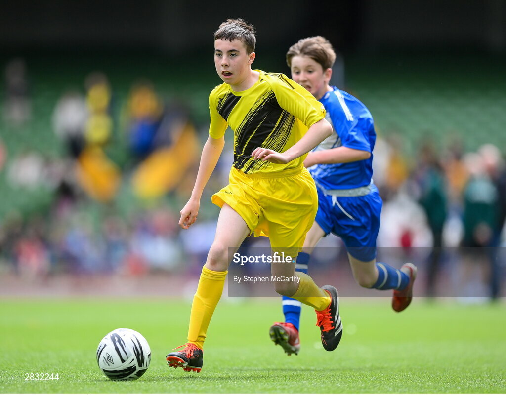 29 May 2024; Cillian Doherty of Scoil Íosagáin, Buncrana, Inishowen, Donegal, during the FAI Primary 5s Finals day at Aviva Stadium in Dublin. Photo by Stephen McCarthy/Sportsfile