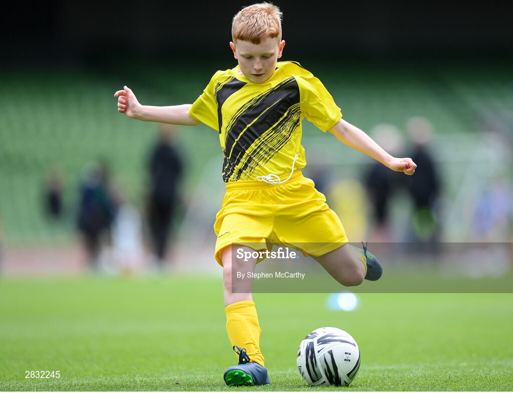 29 May 2024; Eoin Hirrell of Scoil Íosagáin, Buncrana, Inishowen, Donegal, during the FAI Primary 5s Finals day at Aviva Stadium in Dublin. Photo by Stephen McCarthy/Sportsfile