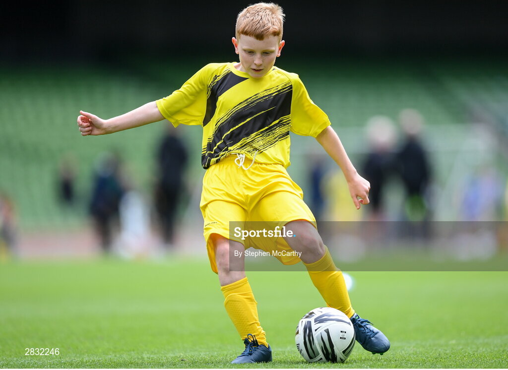 29 May 2024; Eoin Hirrell of Scoil Íosagáin, Buncrana, Inishowen, Donegal, during the FAI Primary 5s Finals day at Aviva Stadium in Dublin. Photo by Stephen McCarthy/Sportsfile
