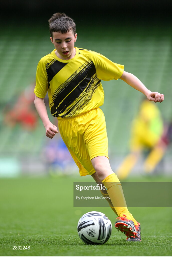 29 May 2024; Cillian Doherty of Scoil Íosagáin, Buncrana, Inishowen, Donegal, during the FAI Primary 5s Finals day at Aviva Stadium in Dublin. Photo by Stephen McCarthy/Sportsfile