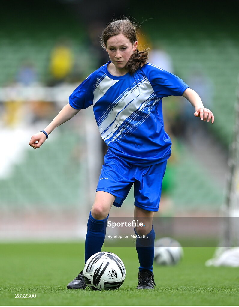 29 May 2024; Keira Lyons of St Leonard’s NS, Dunnamaggin, Kilkenny, during the FAI Primary 5s Finals day at Aviva Stadium in Dublin. Photo by Stephen McCarthy/Sportsfile