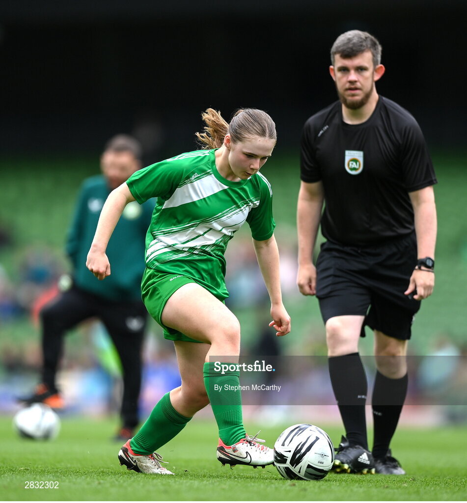 29 May 2024; Anna Cooley of Tierneevin NS, Galway, during the FAI Primary 5s Finals day at Aviva Stadium in Dublin. Photo by Stephen McCarthy/Sportsfile